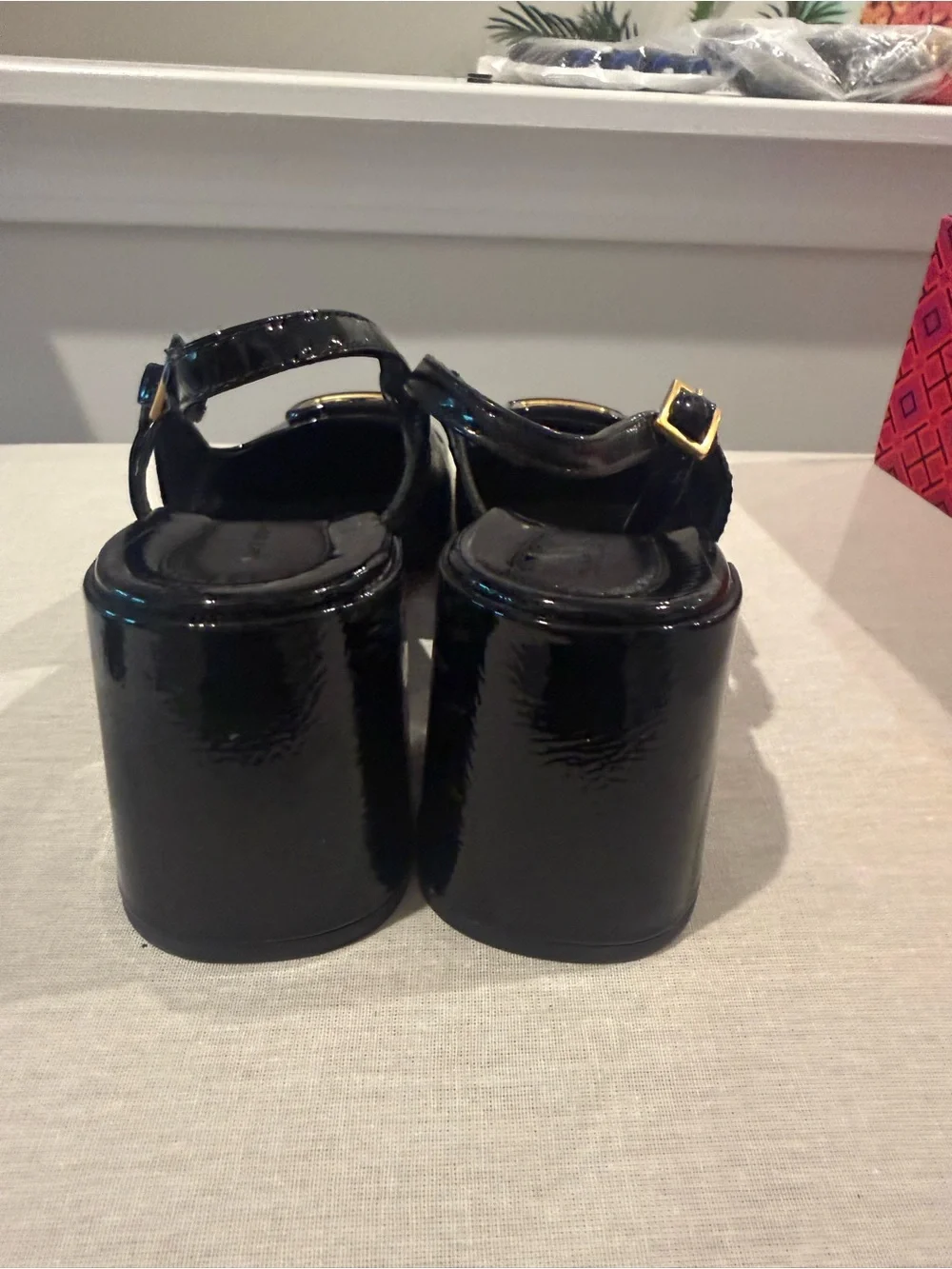 Tory Burch Georgia Black Patent Slingback Heels with Gold Logo